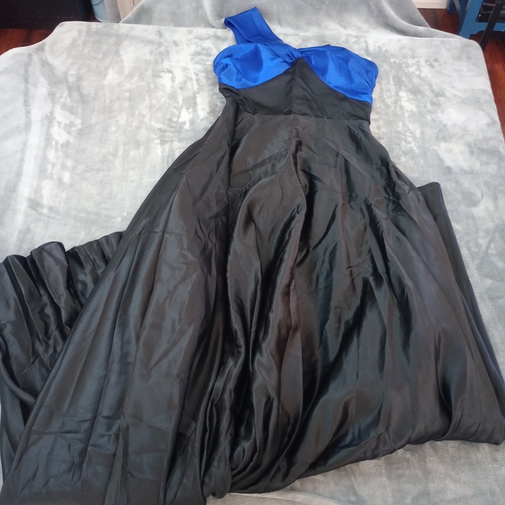 Miss Ord Dress Womens Medium Black Blue One Shoulder Long Layered Mermaid Satin